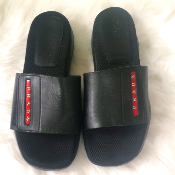 Prada Men s Slides Black Size 6 Velcro Fastener. Sandals Flip Flops